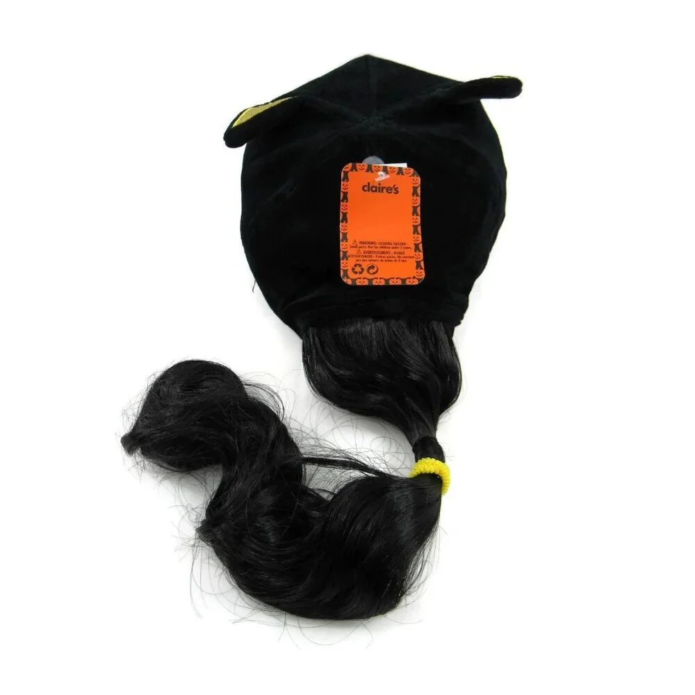 Baseball Hat with Brunette Faux Hair Black & Gold Cat Girls Cap One Size New